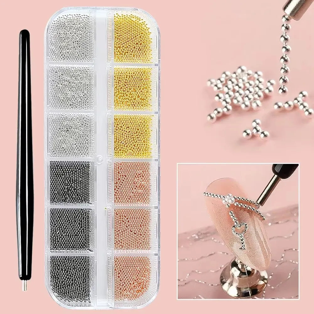 12-Grid Mini Caviar Beads – Gold Silver Micro Ball Nail Art Set