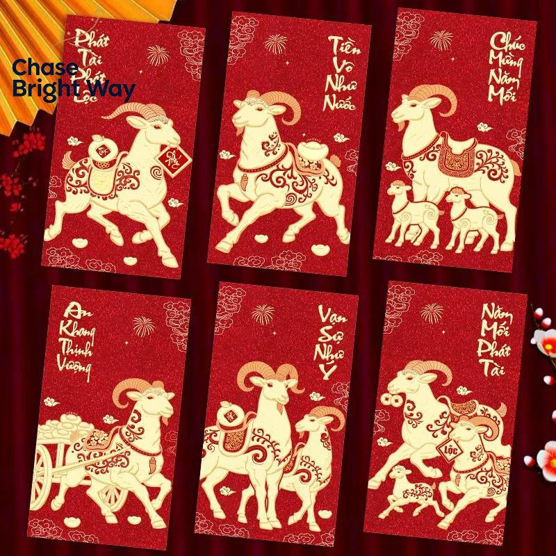 6-Pack 2027 Year of Goat Vietnamese Lucky Red Envelopes Lì Xì