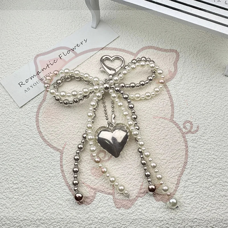 Sweet Bow Heart Bag Charm Keychain – Beaded Pendant Key Ring