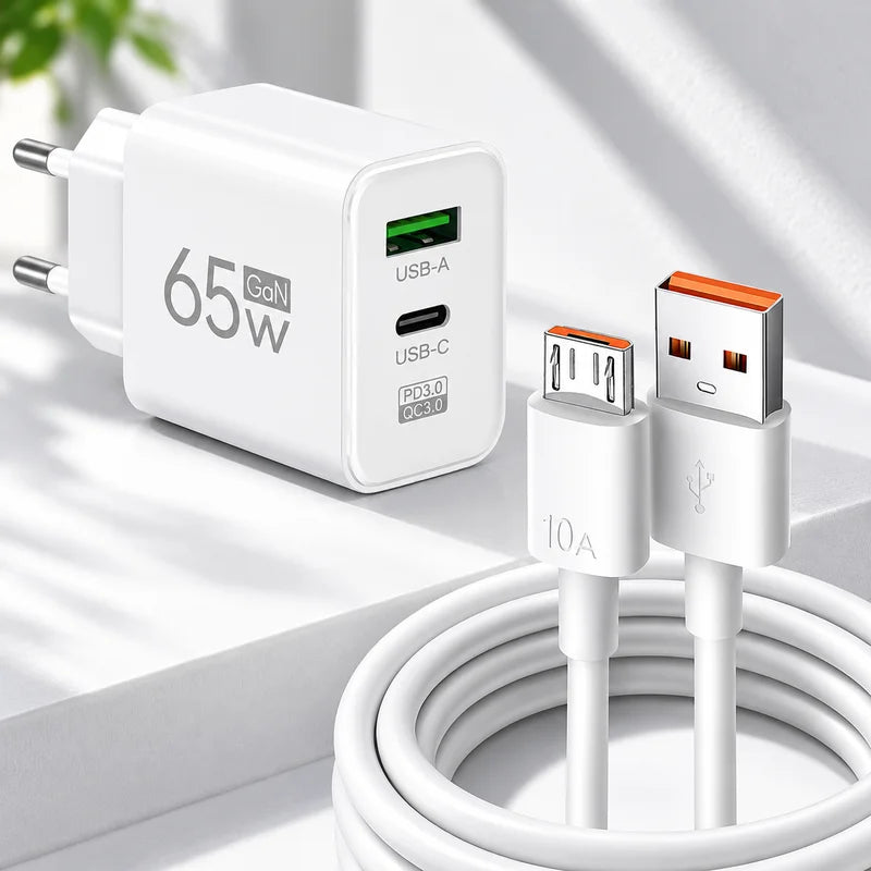 65W GaN 3-Port Fast Wall Charger – Dual USB-C + USB-A EU Plug