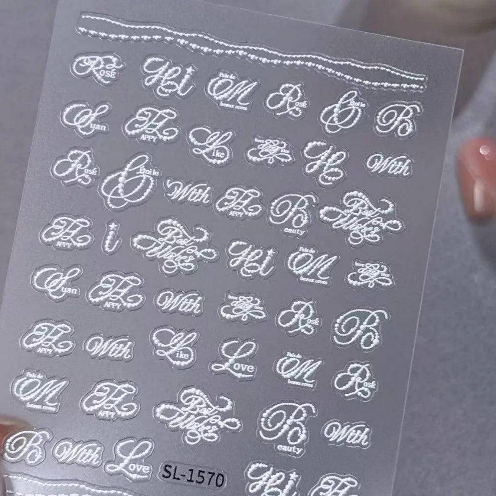 3D Embossed Letter Nail Stickers – Black & White Art Decals
