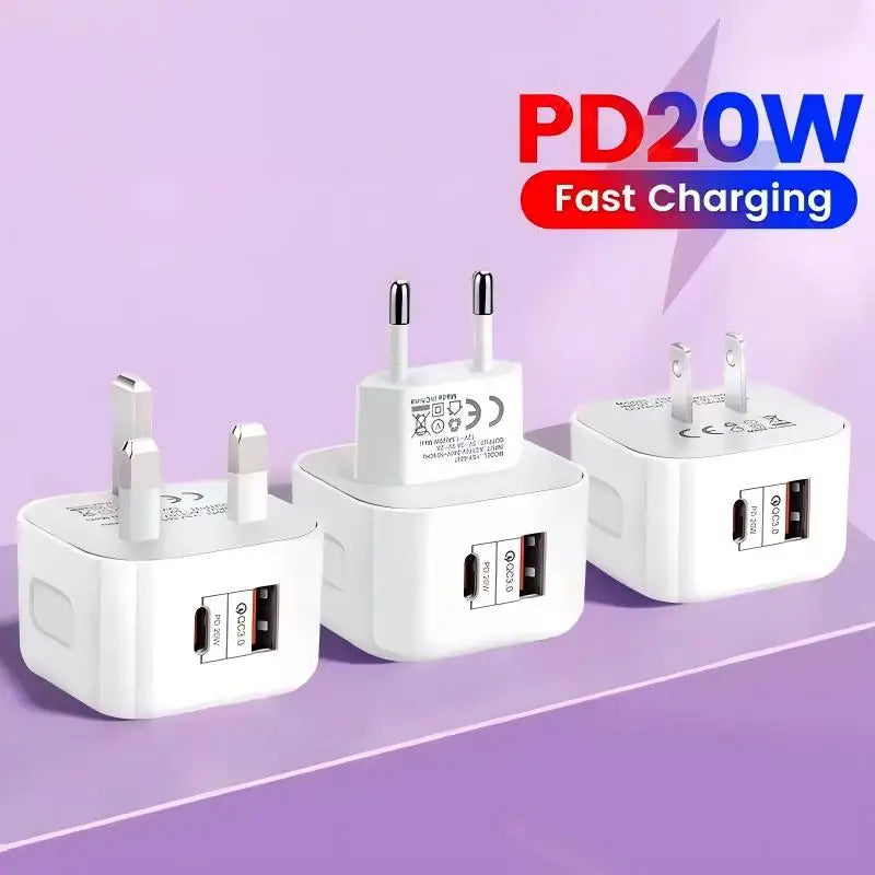 20W PD Dual Port USB-C Fast Wall Charger – EU/US/UK Plug