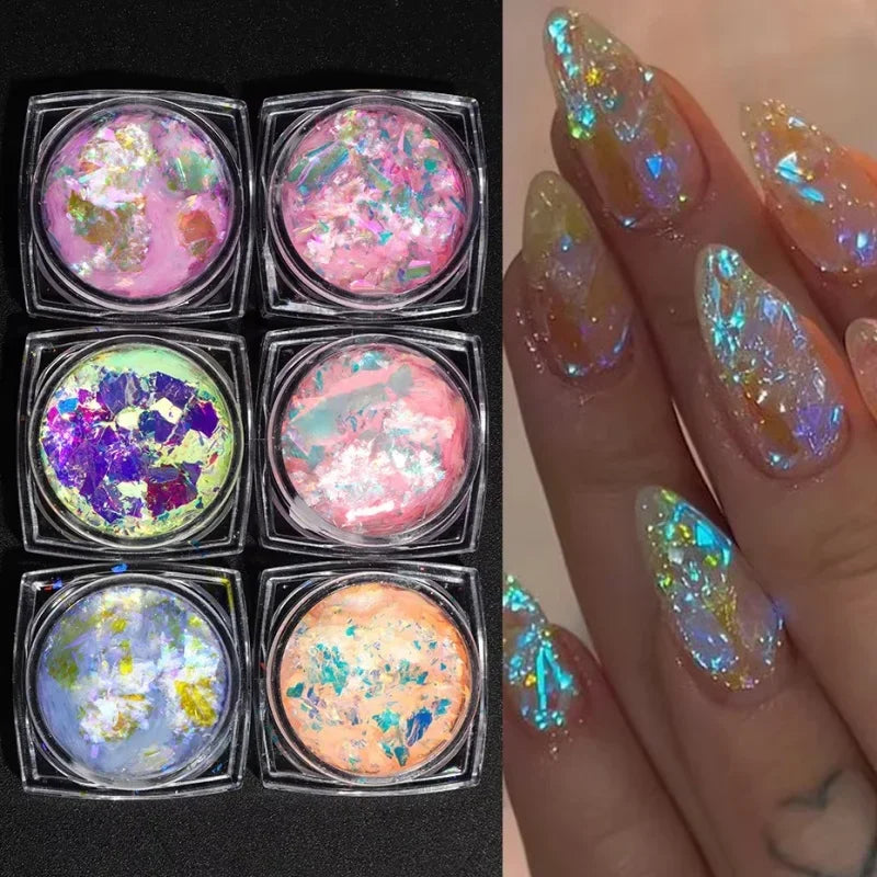 6-Piece Aurora Opal Nail Glitter Flakes – Iridescent Mermaid Art