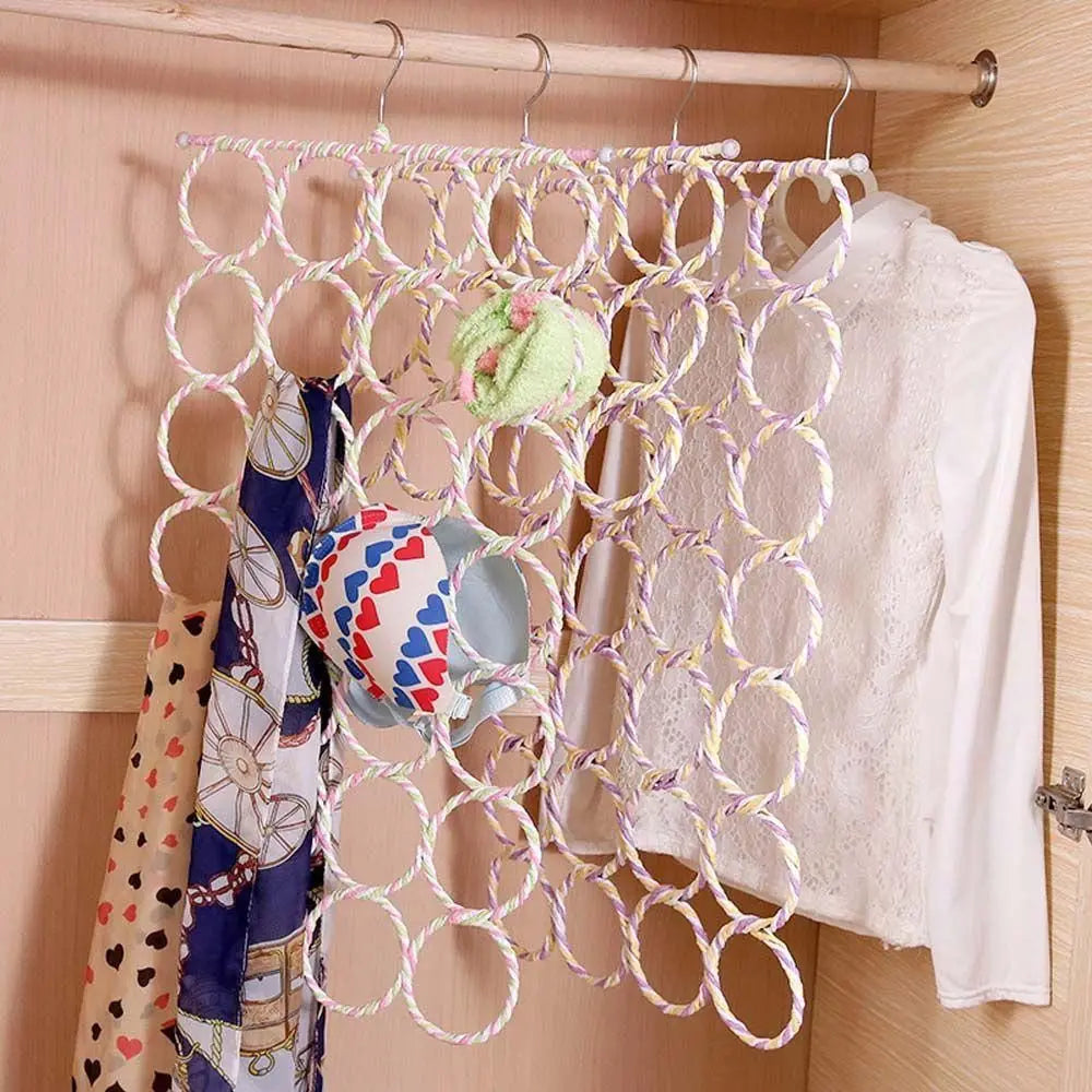 Rattan Weave Scarf Hanger – Multi-Ring Iron Wardrobe Organizer