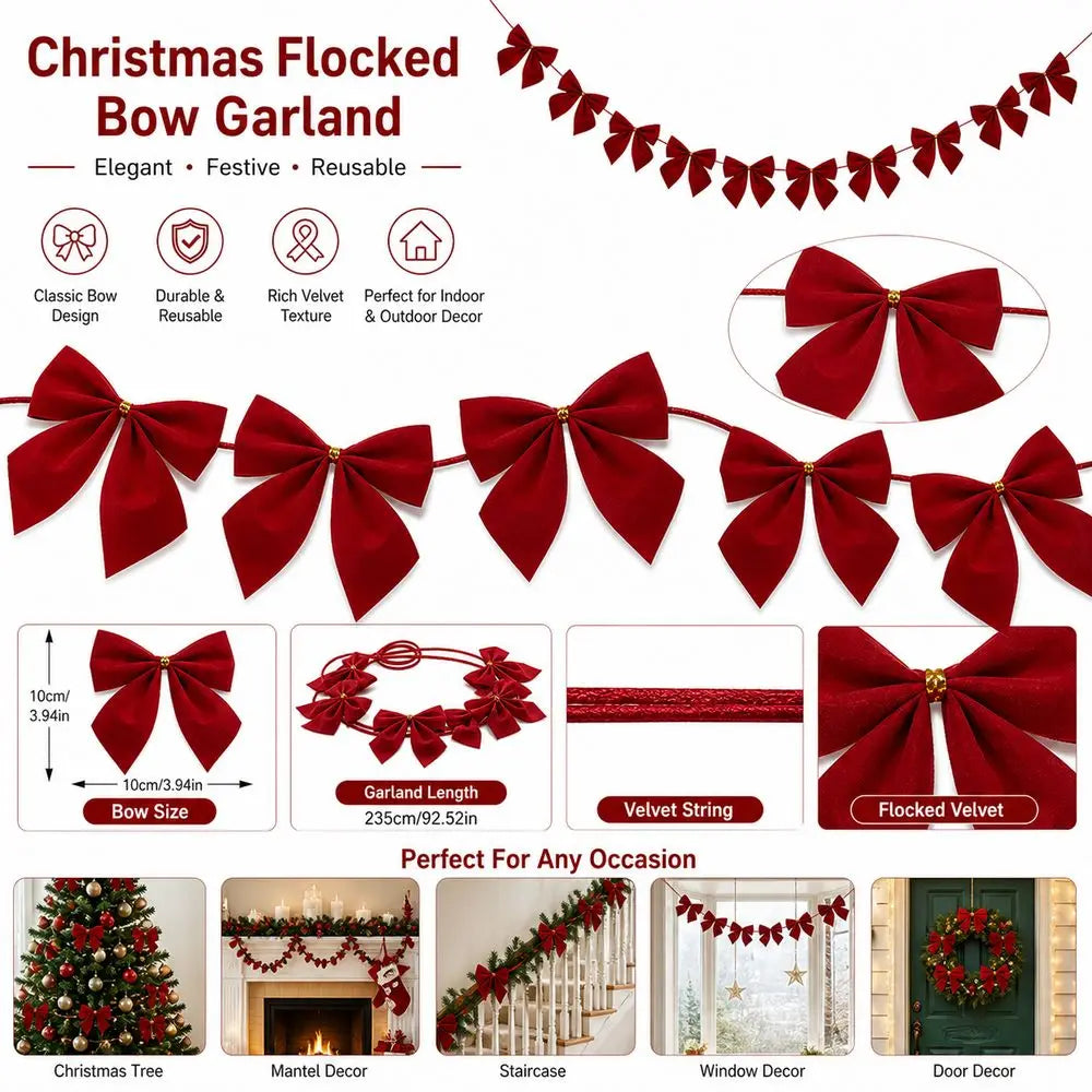 Flocked Velvet Bow Christmas Garland | Burgundy Holiday Decor