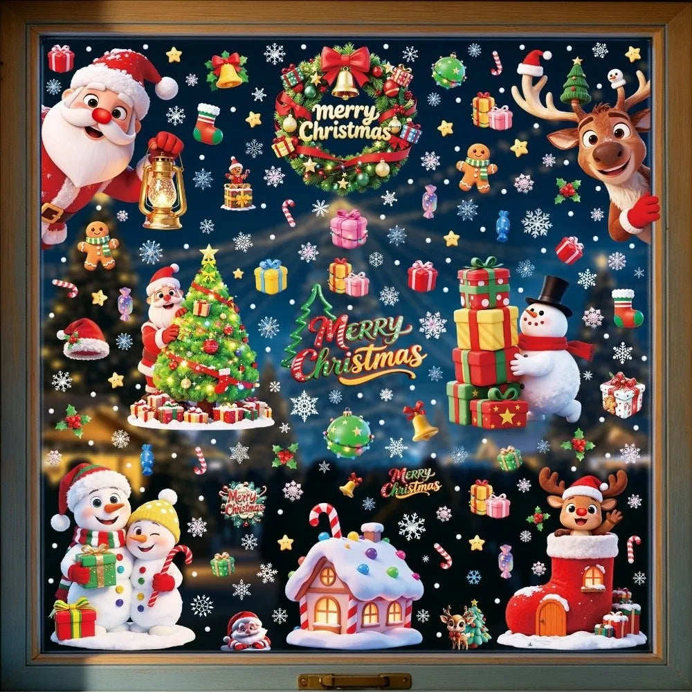 Christmas Window Cling Stickers – Santa Snowman Snowflake 9Pc