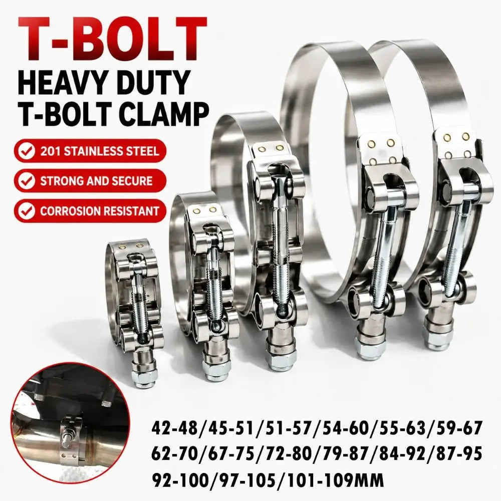 Stainless Steel T-Bolt Hose Clamp 42mm–109mm | Universal Fit