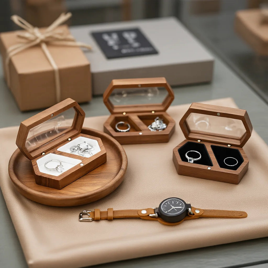 Personalized Walnut Wood Ring Box – Custom Engraved Glass Top