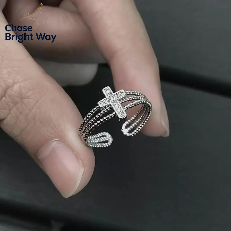Y2K Vintage Cross Adjustable Ring – Silver Cubic Zirconia