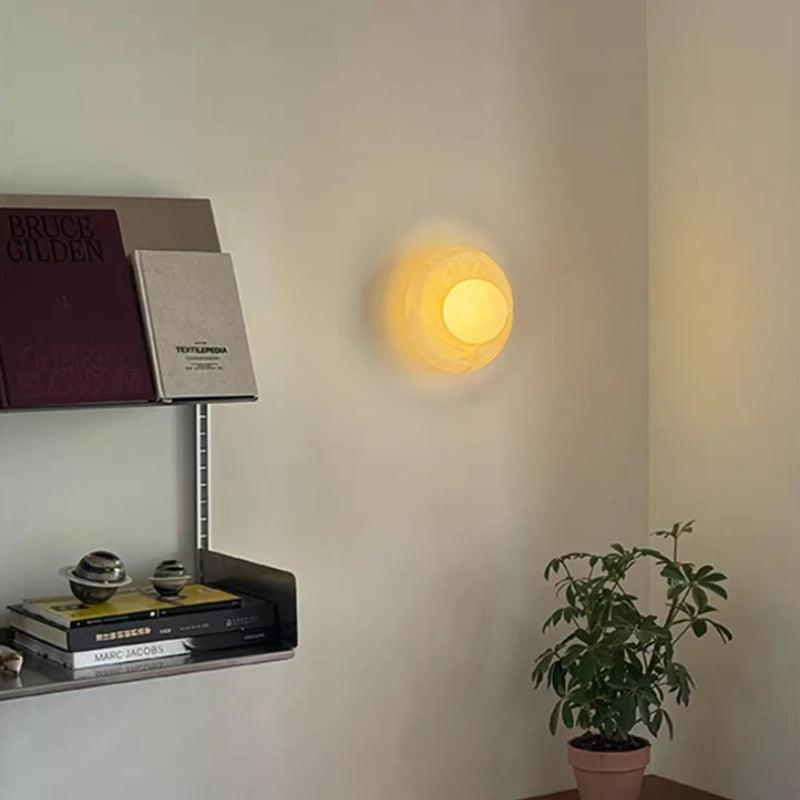 Round Real Stone Wall Light – White Glass G9 Indoor Lamp