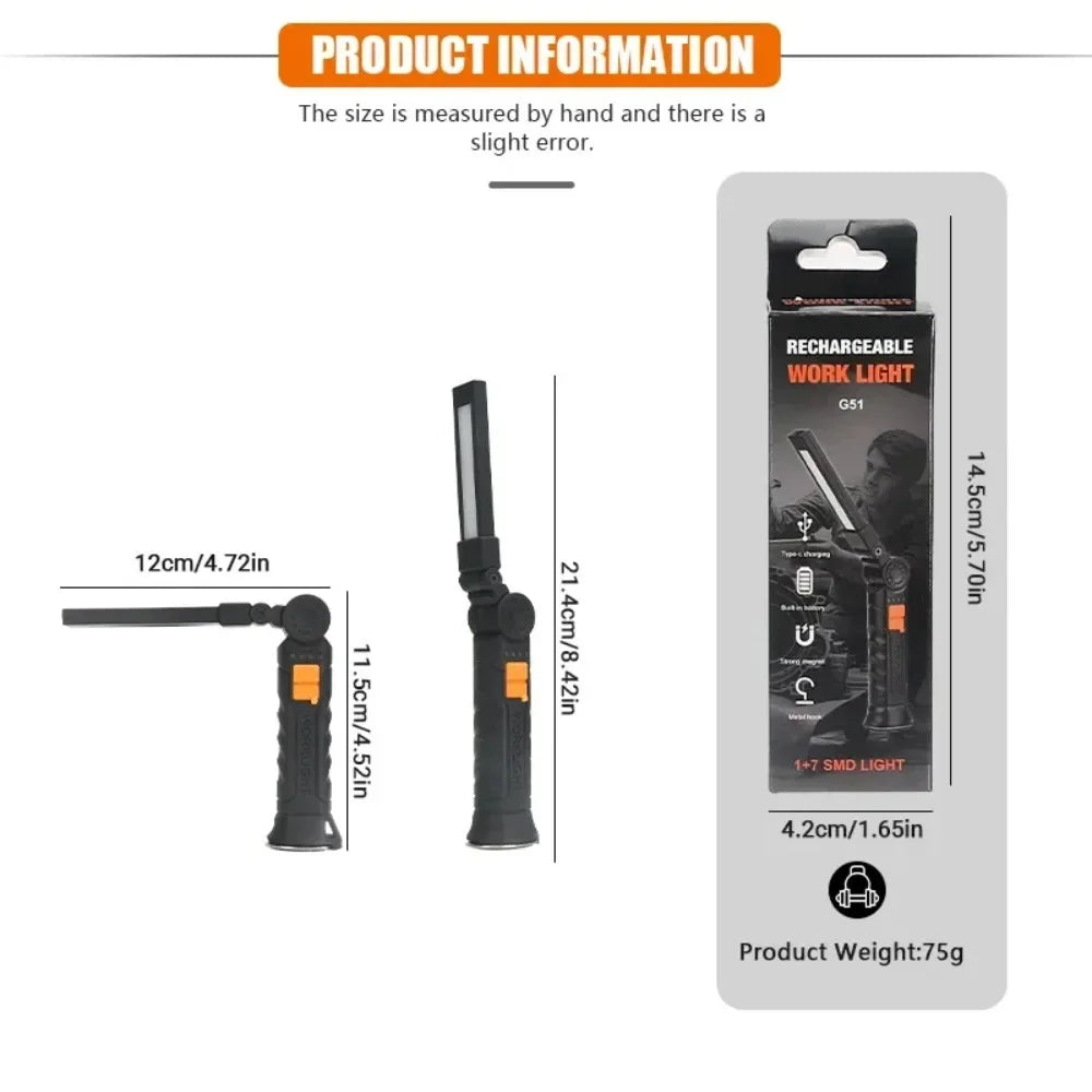 USB Rechargeable COB LED Work Light – 360° Magnetic Flashlight