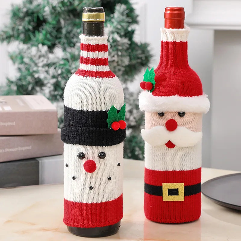Christmas Santa Knitted Wine Bottle Cover | Holiday Sleeve