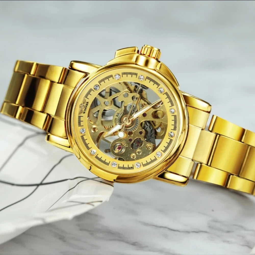 Women's Hollow Automatic Watch | Diamond Gold Mechanical Watch