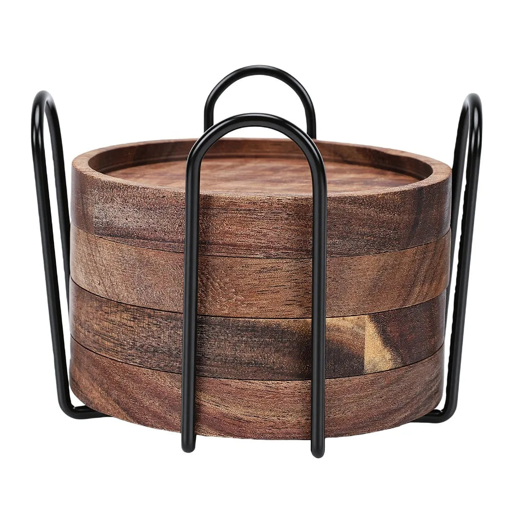 Rustic Round Wood Coasters Set of 4 with Holder | 3.9"