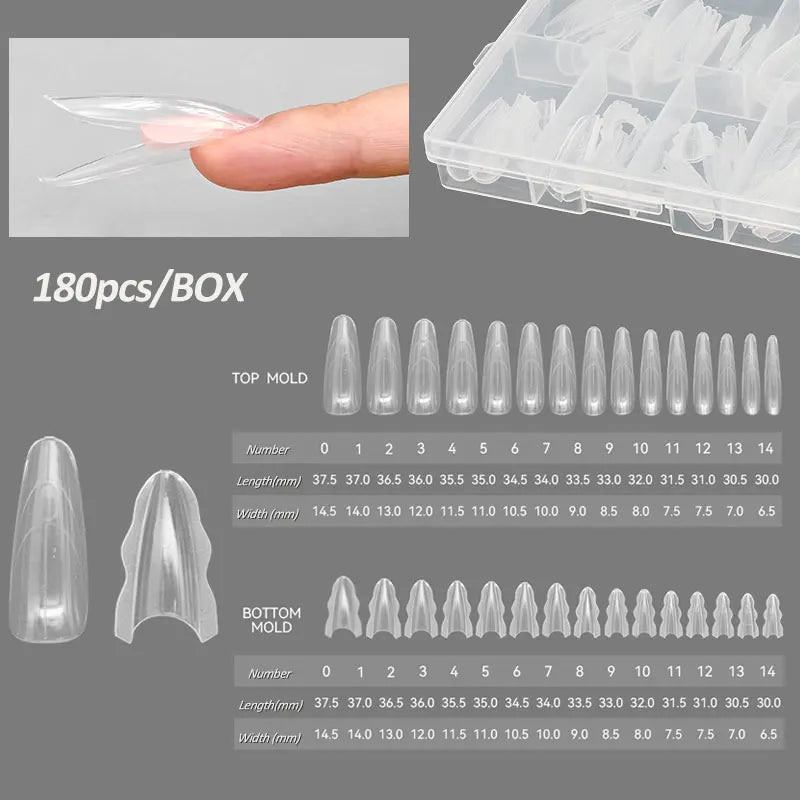 180pcs Dual Form Nail Extension Molds – 15 Sizes, Almond & Coffin