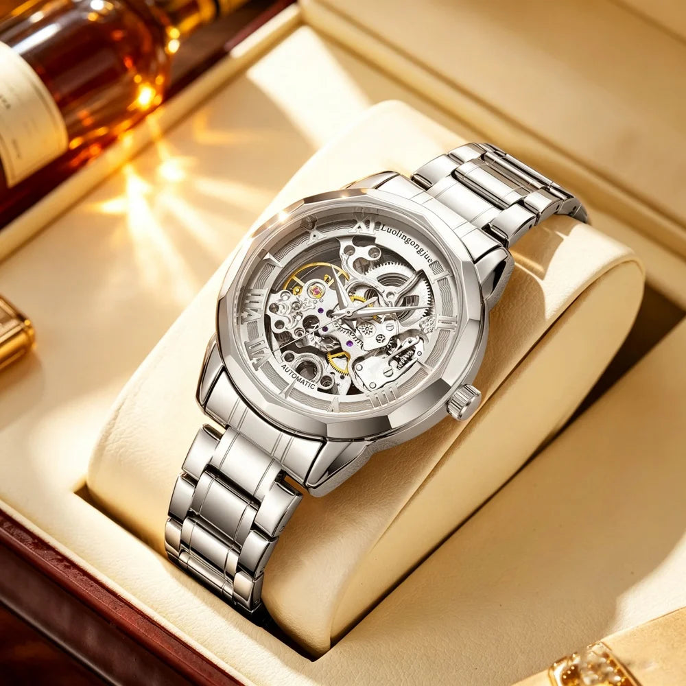 Skeleton Automatic Men's Watch | Roman Numeral Steel Band