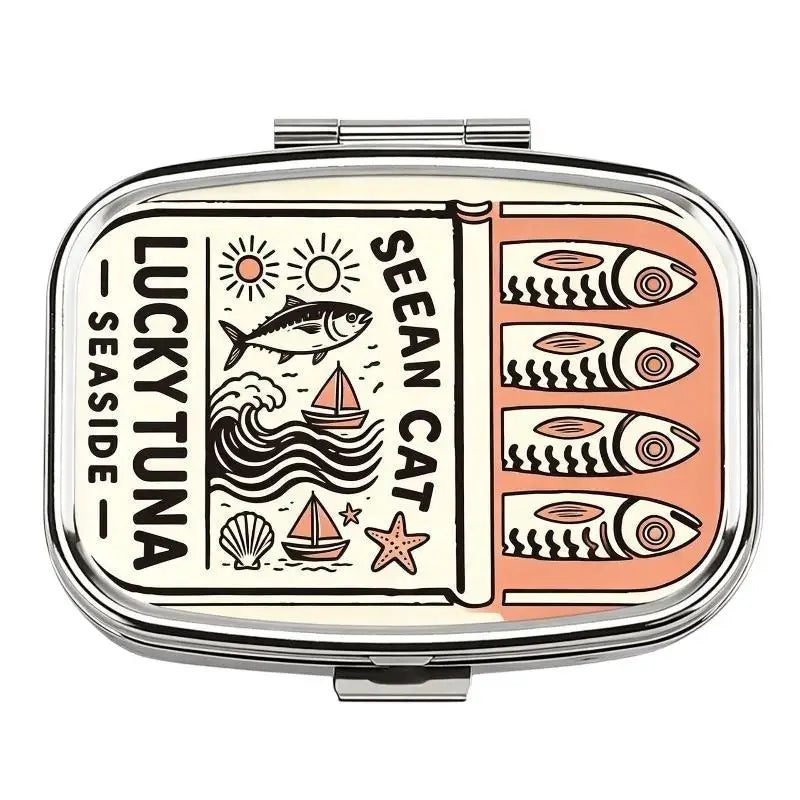 Sardines Print Metal Pill Box – 2-Compartment Travel Organizer