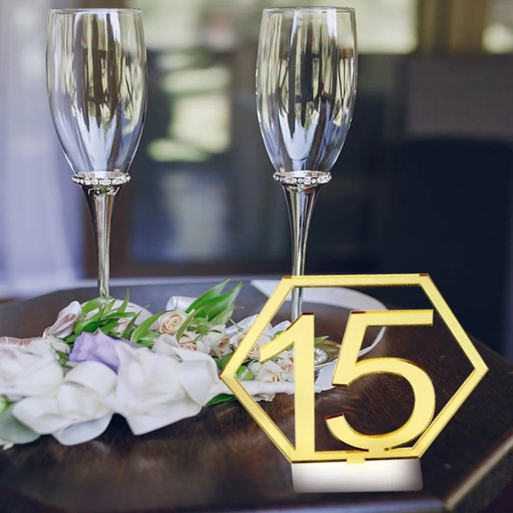 Hexagon Acrylic Table Numbers 1–15 with Stands | Dark Green Gold
