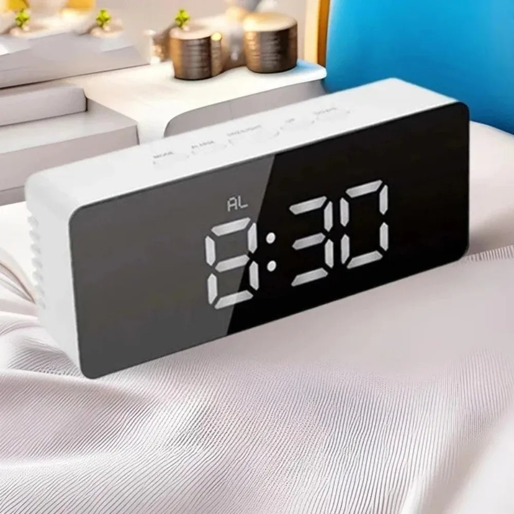 LED Mirror Digital Alarm Clock – USB Night Light Desk Clock