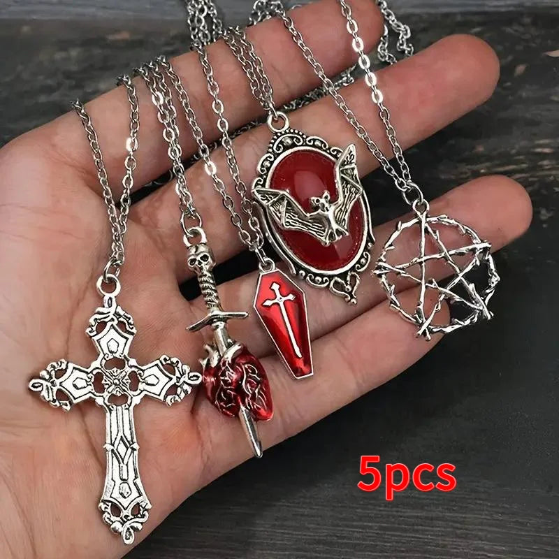 Gothic Pendant Necklace Set 5Pcs – Heart Bat Cross Chain Jewelry