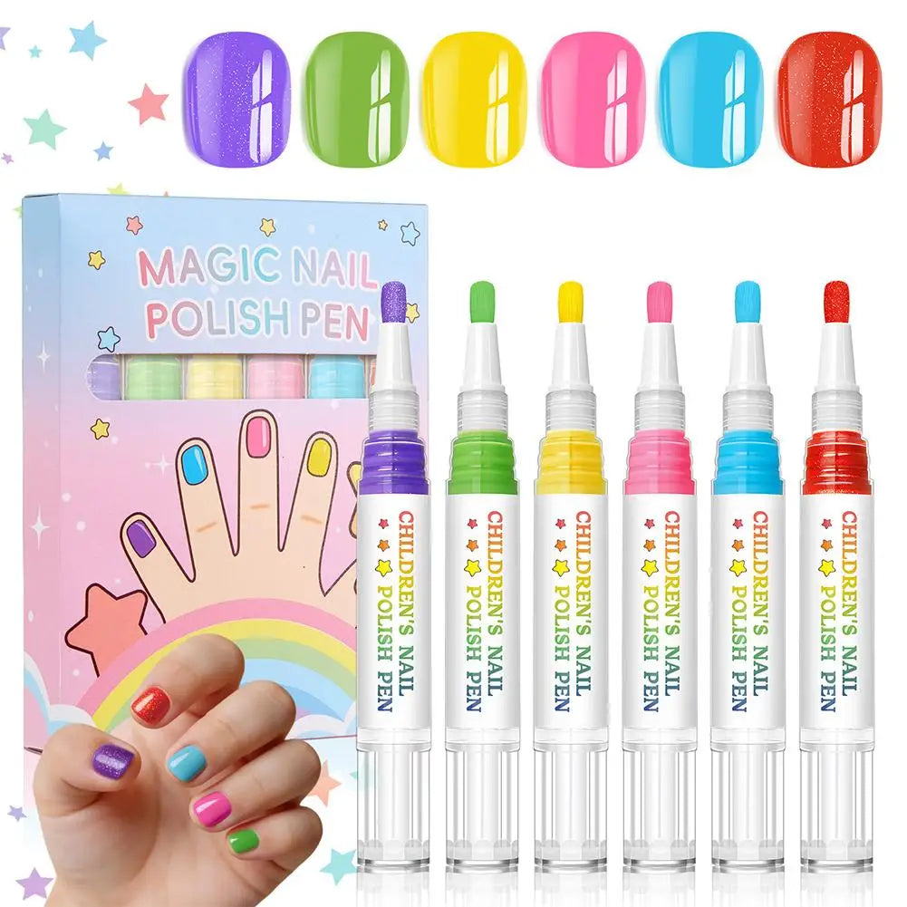 Kids Nail Polish Pen Set – 6 Colors Peel-Off DIY Nail Art