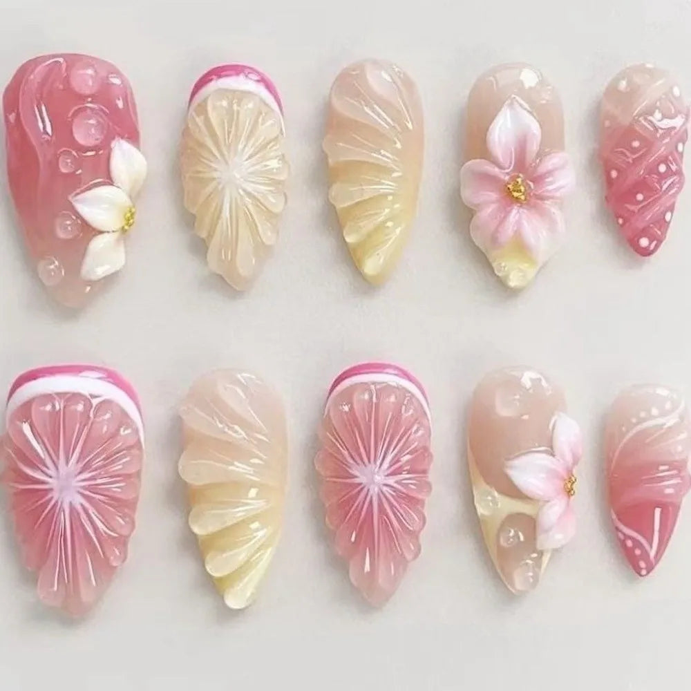 24-Pack French Almond Press On Nails – Pink Flower Full Cover