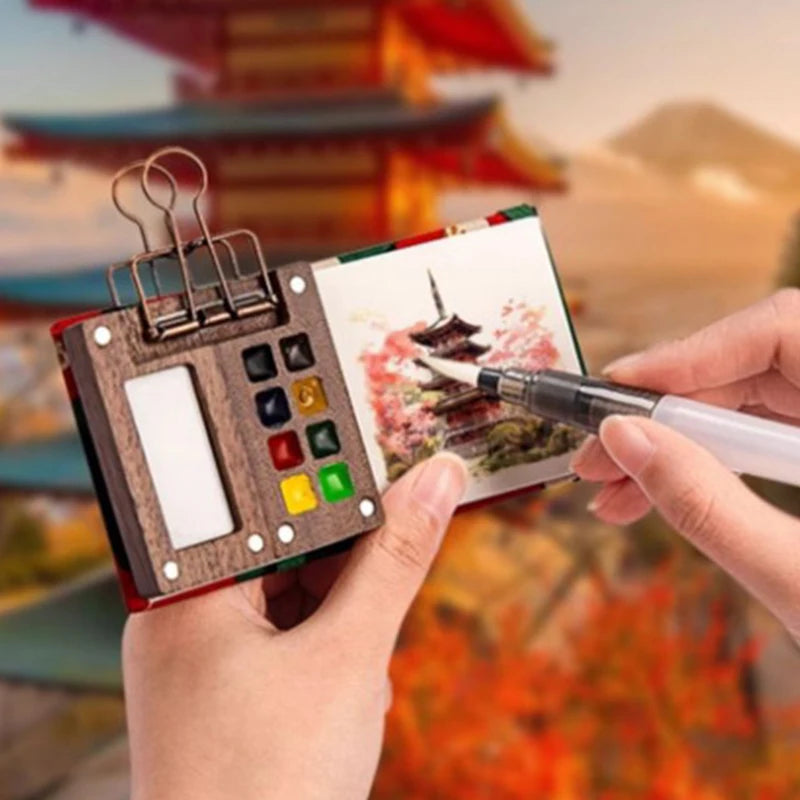 Mini Walnut Wood Watercolor Palette | Portable Travel Paint Box