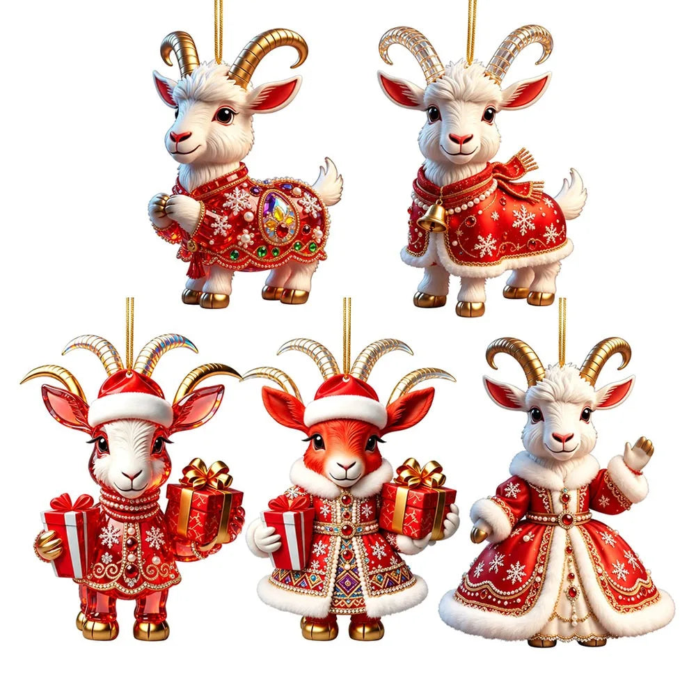 Rhinestone Goat Ornaments Set of 5 – Acrylic 2D Flat Holiday