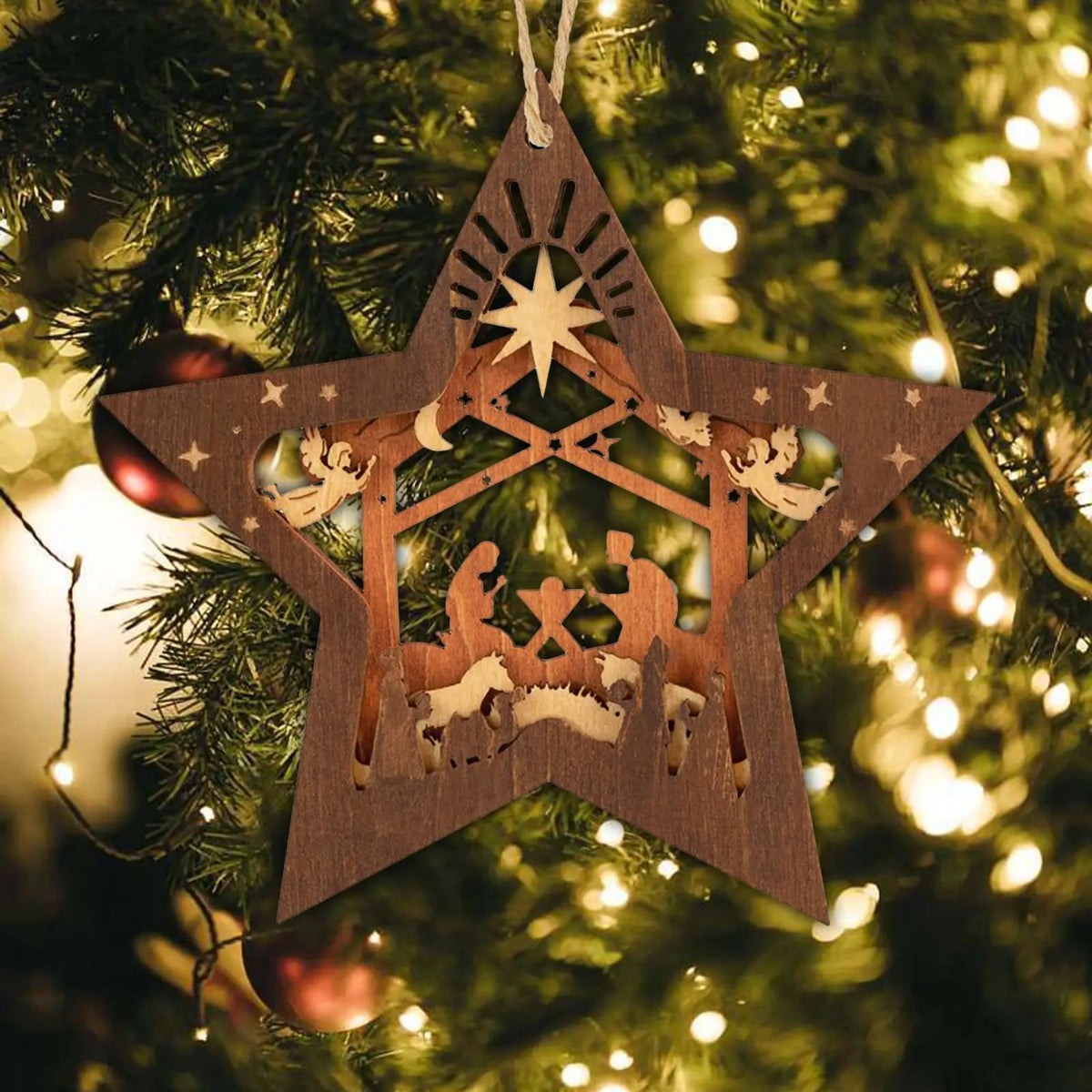 Star Shape Wooden Nativity Scene Christmas Ornament