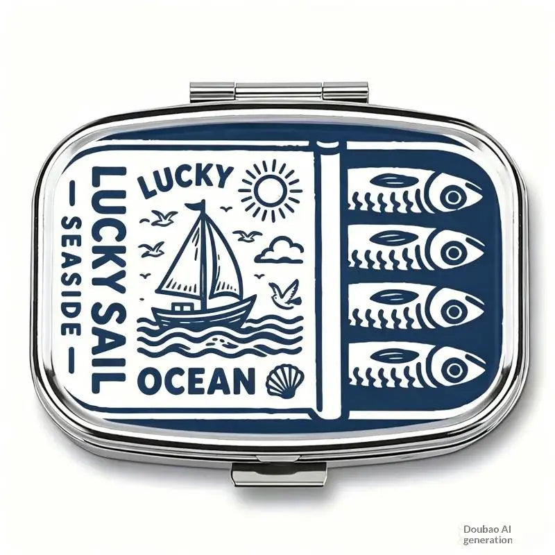 Sardines Print Metal Pill Box – 2-Compartment Travel Organizer
