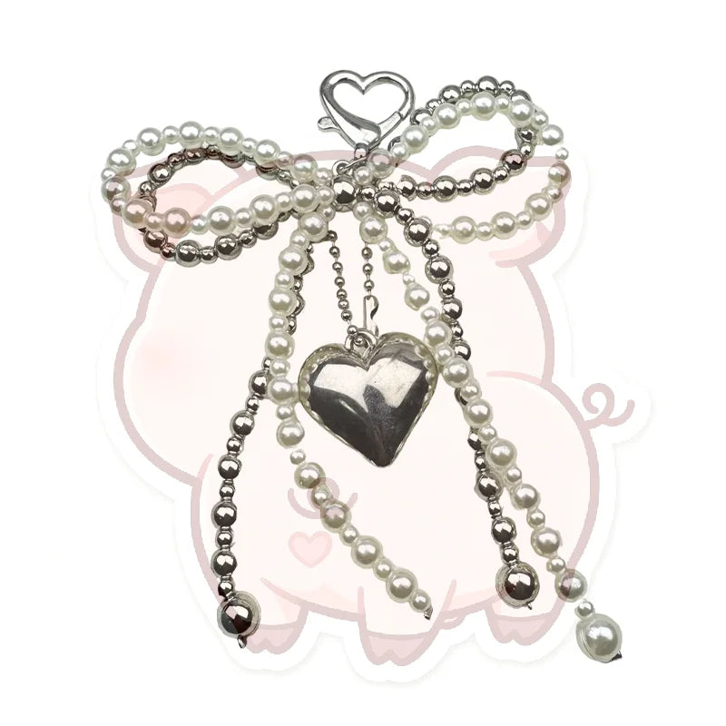 Sweet Bow Heart Bag Charm Keychain – Beaded Pendant Key Ring