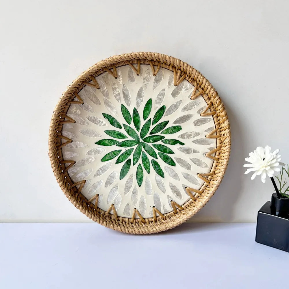 Shell Mosaic Round Woven Rattan Tray | Boho Home Decor