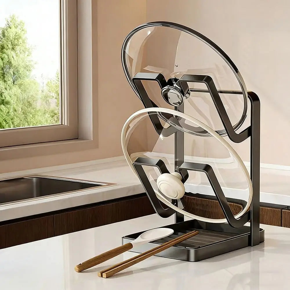 Upright Pot Lid Organizer Rack with Drip Tray | U-Groove
