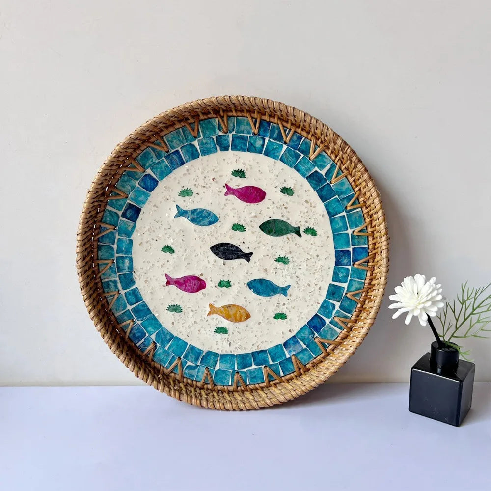 Shell Mosaic Round Woven Rattan Tray | Boho Home Decor