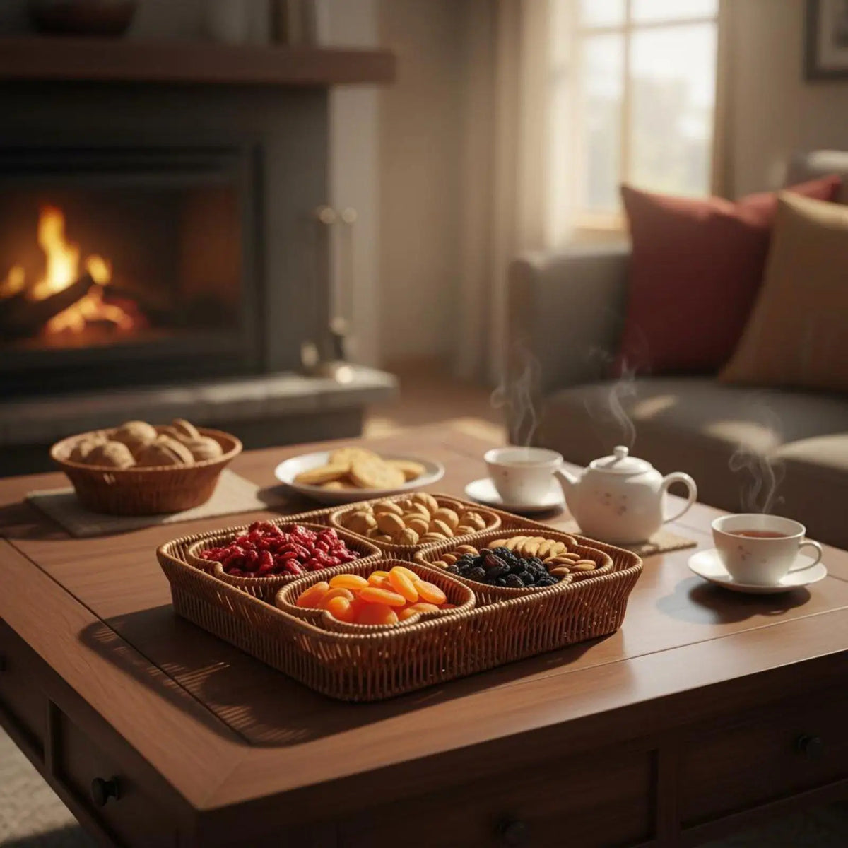 4-Compartment Woven Snack Serving Platter | Removable Dividers