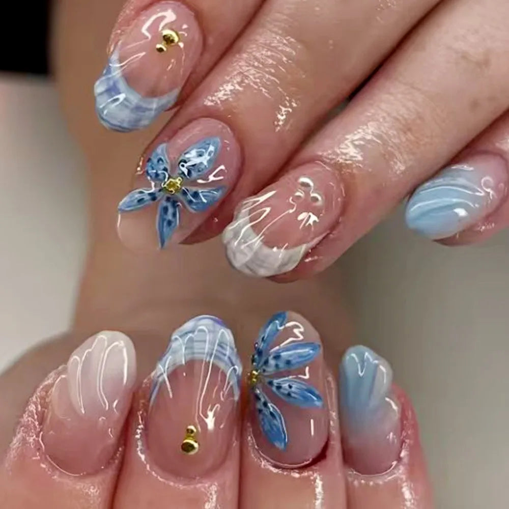 3D Floral Press-On Nails with Pearl Gel Design – 24 Pcs