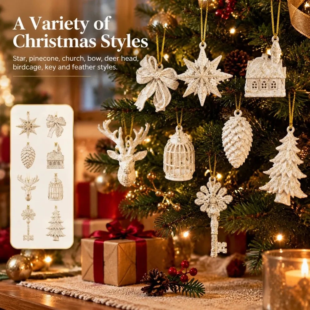 White Gold Glitter Christmas Ornaments – Assorted Resin Baubles