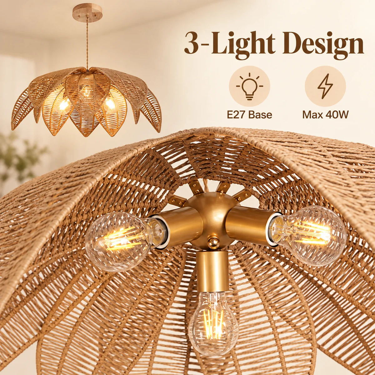 Woven Rattan Pendant Light – Vintage Nordic Hanging Lamp E27