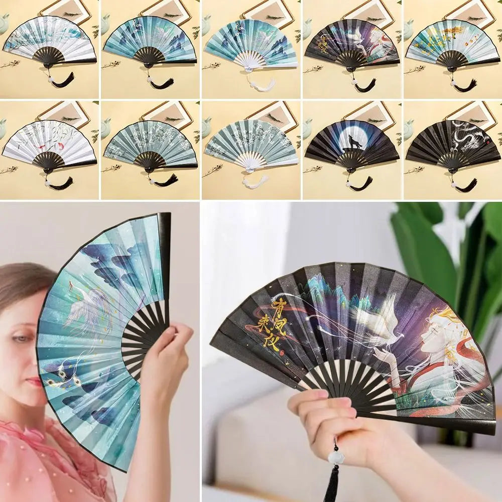 Silk & Bamboo Vintage Folding Hand Fan – Colorful Tassel