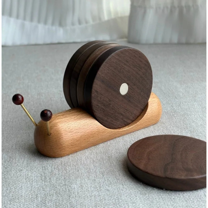 Wooden Snail Coaster & Trivet – Magnetic Heat Insulation Pad