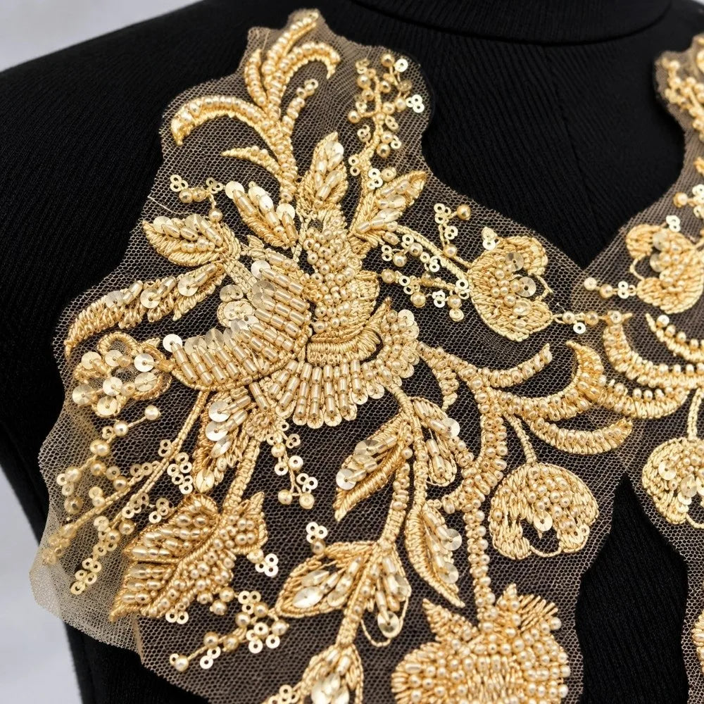Beaded Sequin Floral Mesh Embroidery Applique Patch – 1 Pair