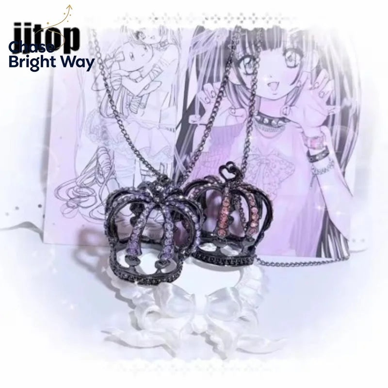 3D Rhinestone Crown Pendant Necklace – Long Sweater Chain