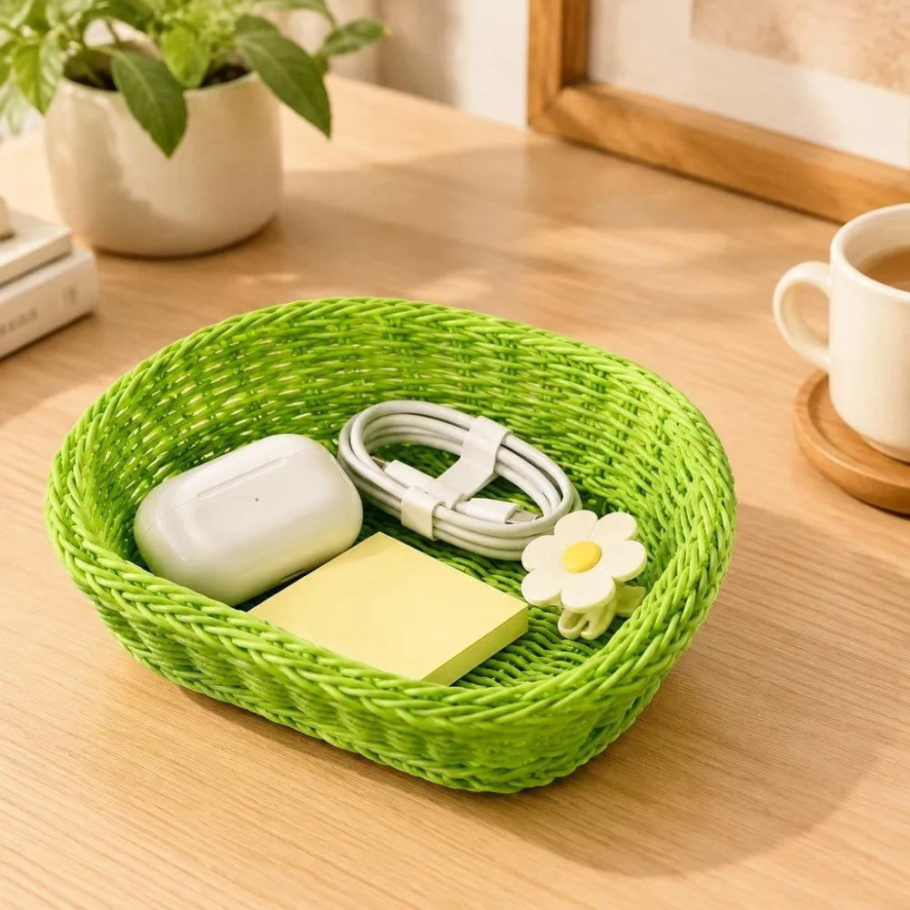 Woven Rattan-Style Serving Basket – Bread, Fruit & Utensil Tray