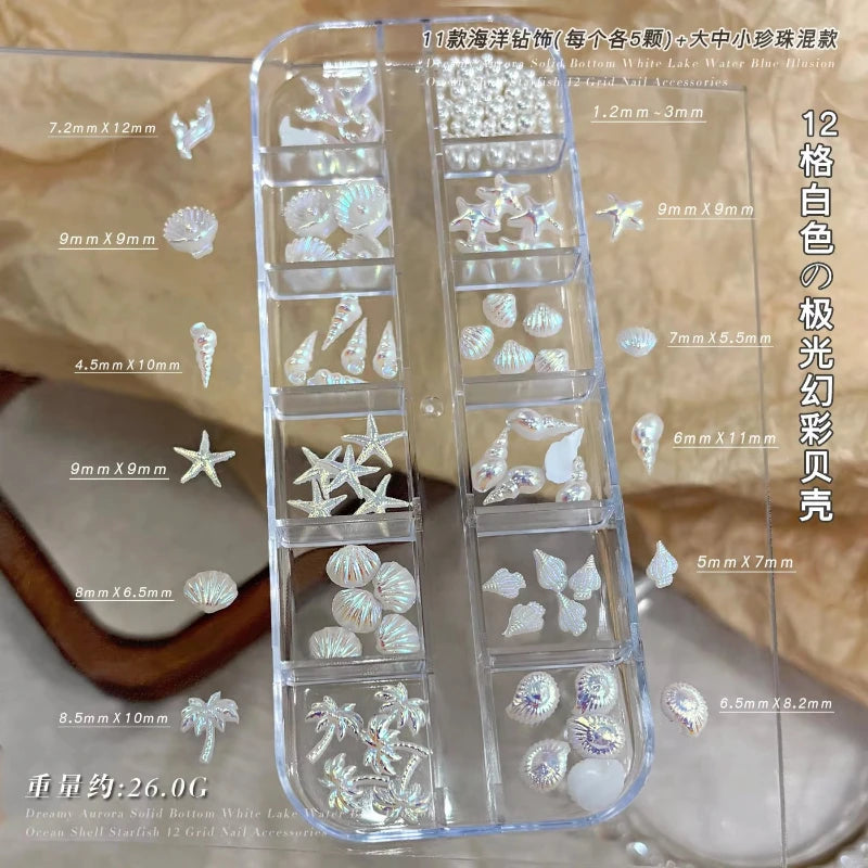 12-Grid Ocean Nail Charms – Starfish Shell Rhinestone Set