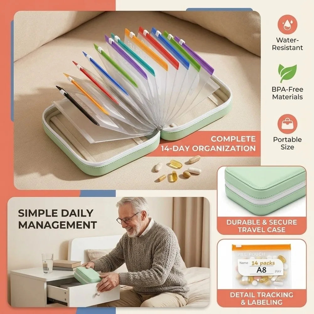 BPA-Free Weekly Pill Organizer – 14 Zippered Pouches Travel Case