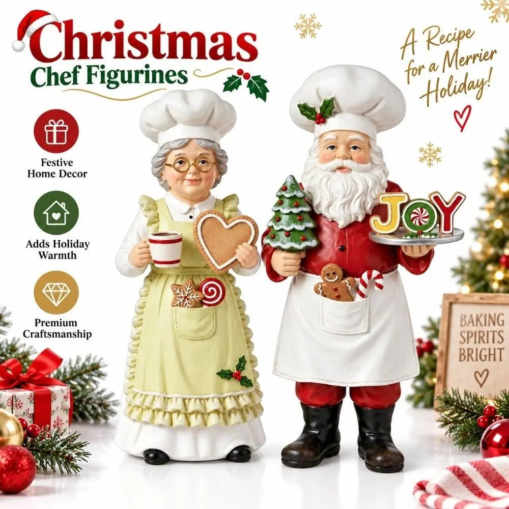 Wooden Chef Santa & Mrs. Claus Figurine Set | Christmas Décor