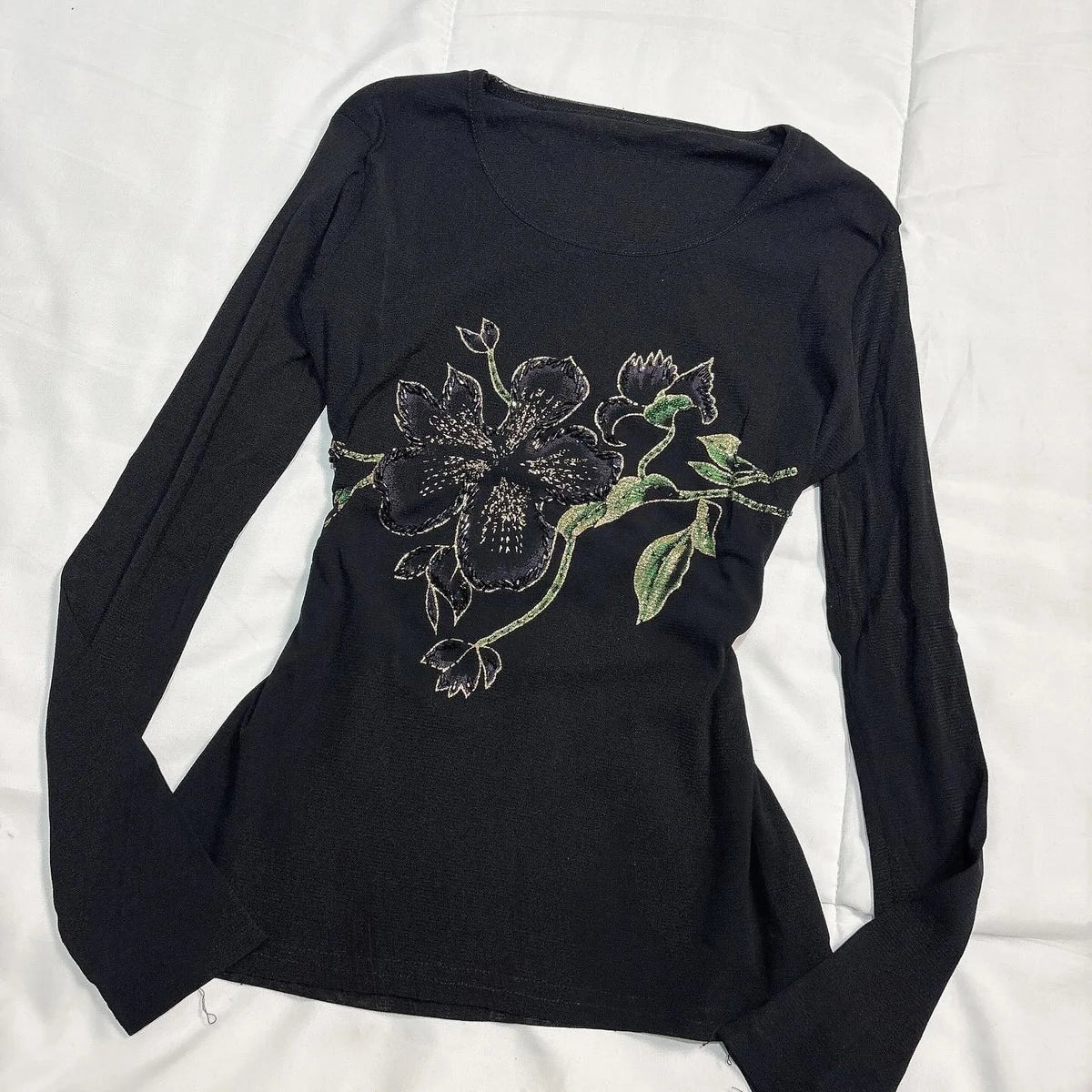 Y2K Women's Slim Fit Black Printed Long Sleeve T-Shirt