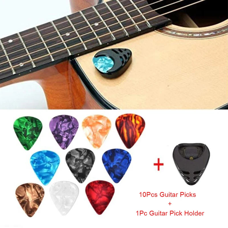 10-Pack Celluloid Guitar Picks with Holder – 3 Thickness Options