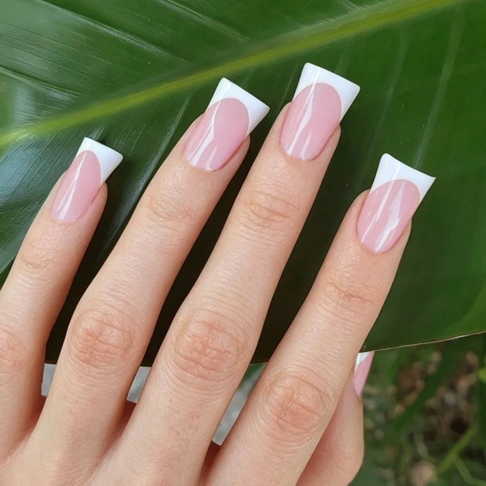 French Duckbill Press-On Nails – White & Pink 30-Piece Set