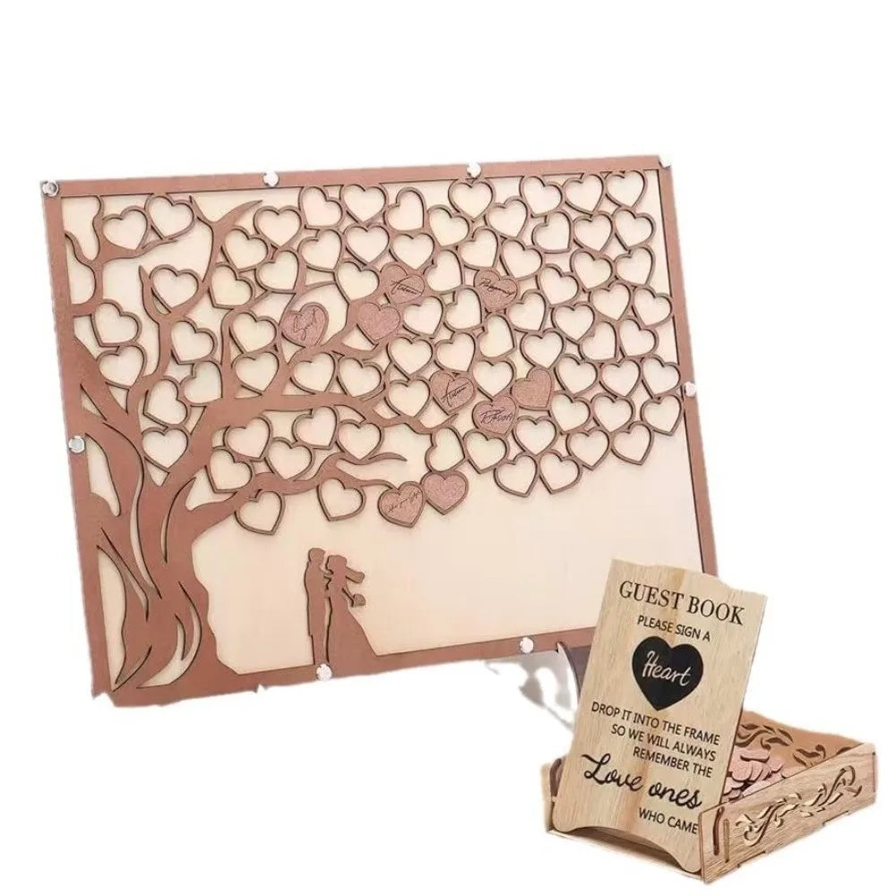 Wooden Hearts Wedding Guest Book – Tree Design Sign Set